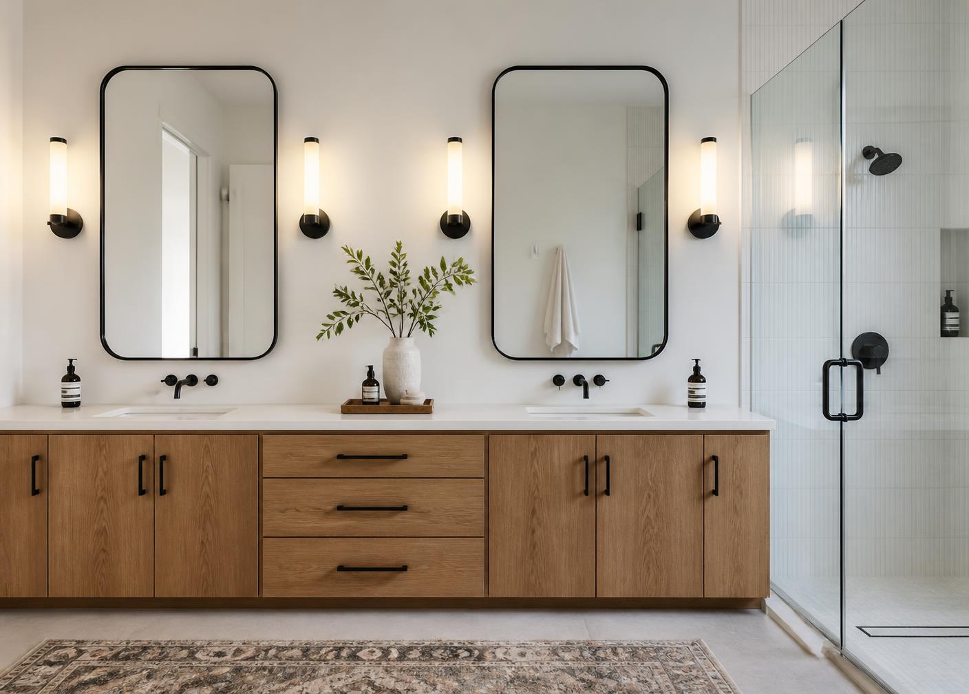 Custom oak bathroom vanities with quartz countertops