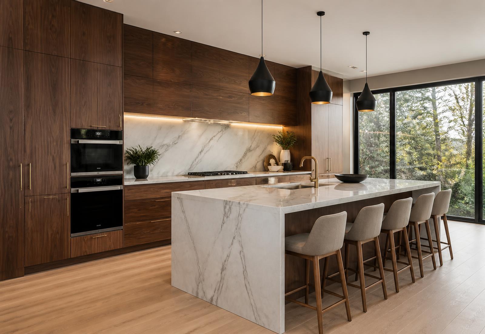 Modern kitchen with walnut custom cabinetry and a marble waterfall island